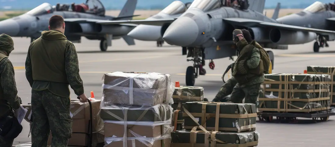 Personnel preparing wrapped cargo next to aircraft on an airfield