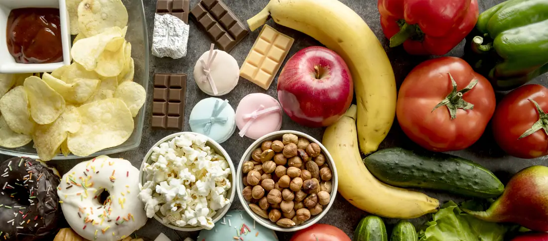 A selection of fresh fruit, vegetables and packaged food