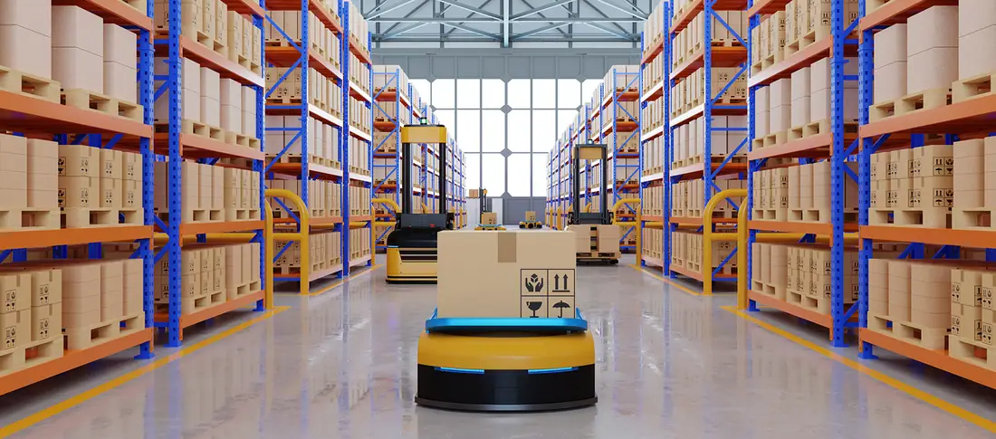 Long warehouse aisle with palletised racking
